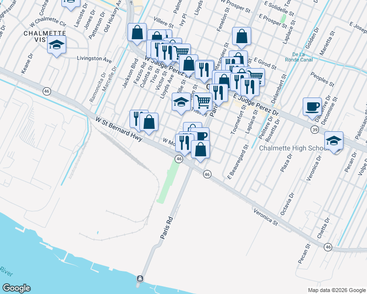 map of restaurants, bars, coffee shops, grocery stores, and more near 2106 Montesquieu Street in Chalmette