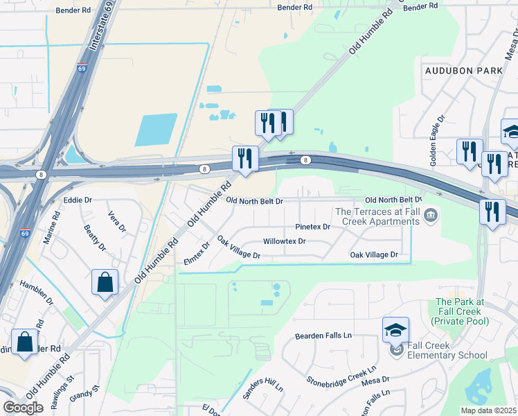 map of restaurants, bars, coffee shops, grocery stores, and more near 14915 Ashtex Drive in Humble