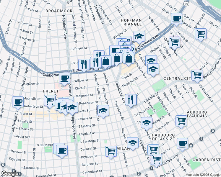 map of restaurants, bars, coffee shops, grocery stores, and more near 2727 Amelia Street in New Orleans