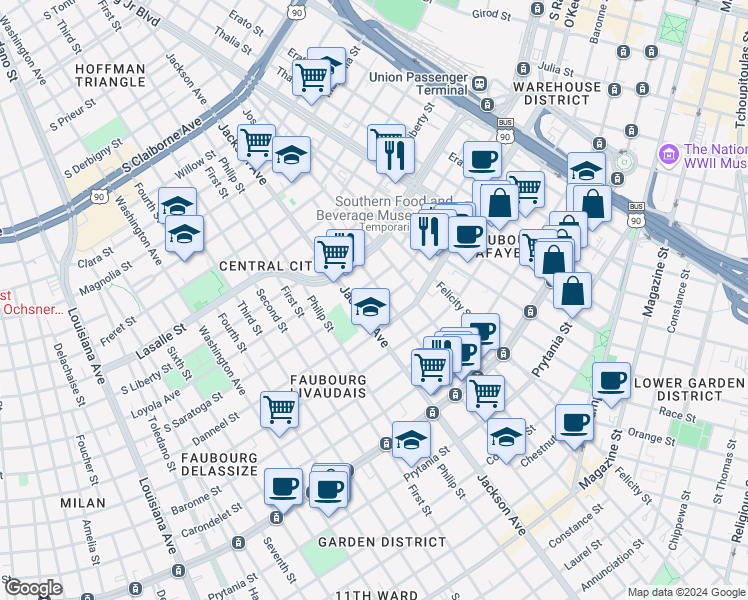 map of restaurants, bars, coffee shops, grocery stores, and more near 2001 Josephine Street in New Orleans