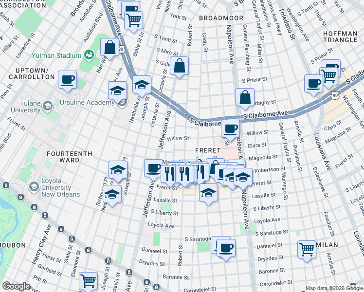 map of restaurants, bars, coffee shops, grocery stores, and more near 2627 Robert Street in New Orleans
