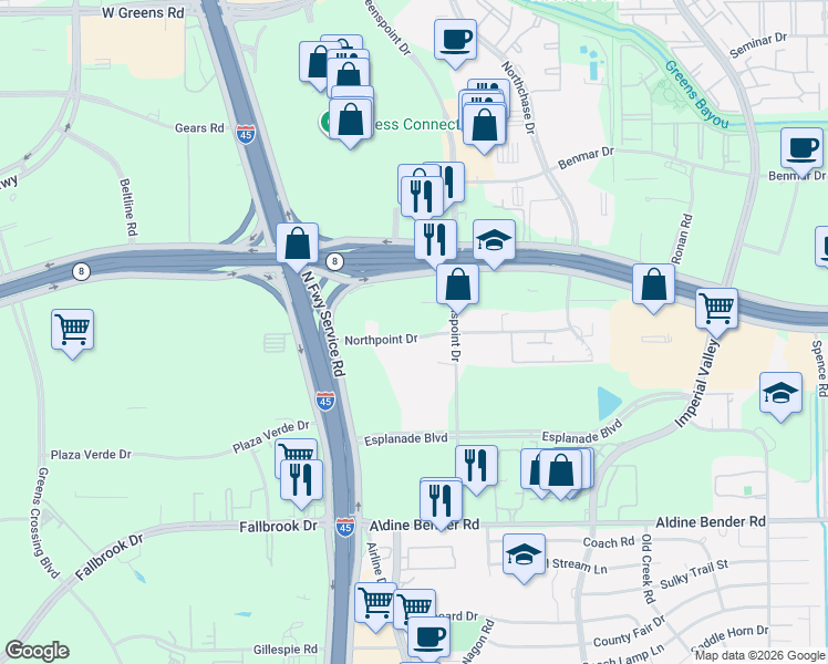 map of restaurants, bars, coffee shops, grocery stores, and more near in Houston