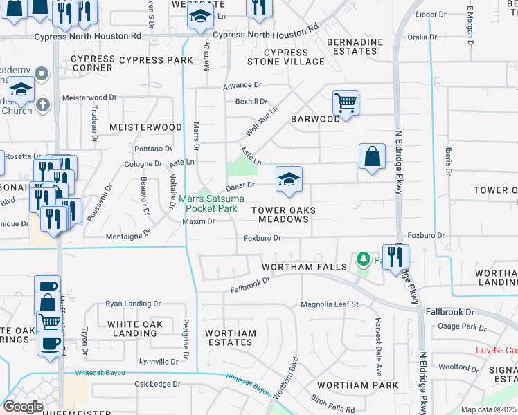 map of restaurants, bars, coffee shops, grocery stores, and more near 12902 Dermott Drive in Houston