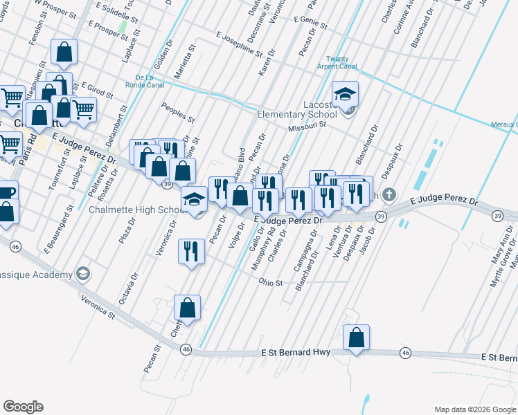 map of restaurants, bars, coffee shops, grocery stores, and more near 2608 Volpe Drive in Chalmette