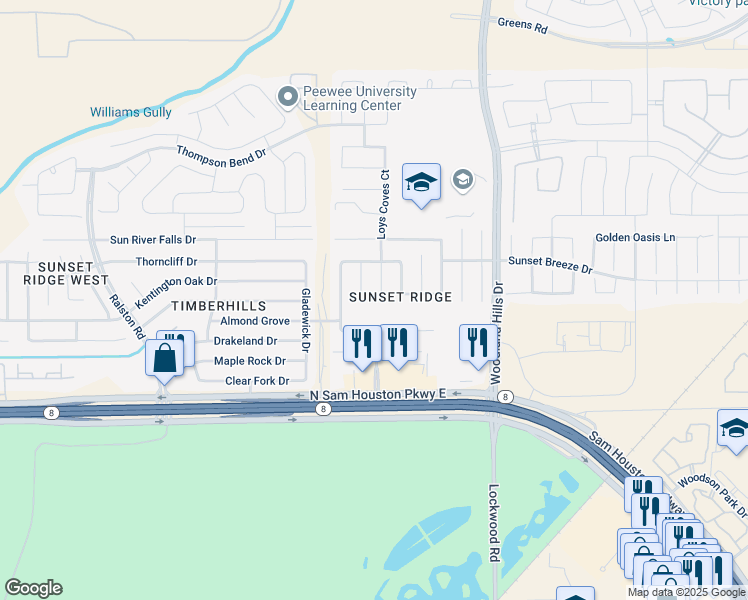 map of restaurants, bars, coffee shops, grocery stores, and more near 14907 Loys Coves Court in Humble