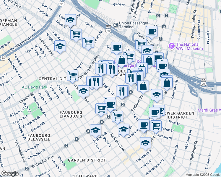 map of restaurants, bars, coffee shops, grocery stores, and more near 1740 Baronne Street in New Orleans