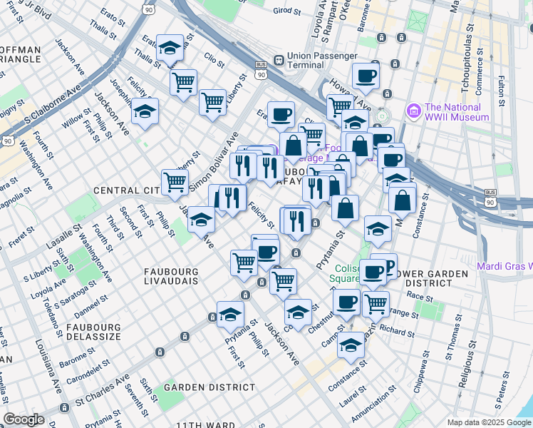map of restaurants, bars, coffee shops, grocery stores, and more near 1740 Baronne Street in New Orleans