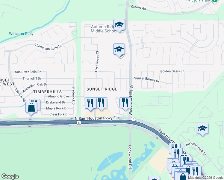 map of restaurants, bars, coffee shops, grocery stores, and more near 11518 Sunburst Falls Drive in Humble