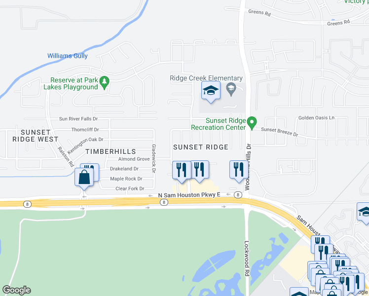 map of restaurants, bars, coffee shops, grocery stores, and more near 14906 Sunset Bay Court in Humble