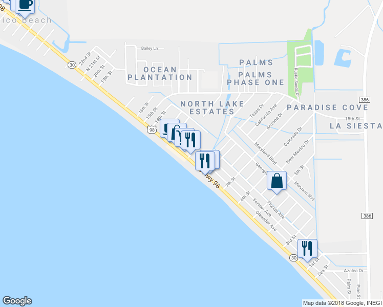 map of restaurants, bars, coffee shops, grocery stores, and more near 9th Street in Mexico Beach