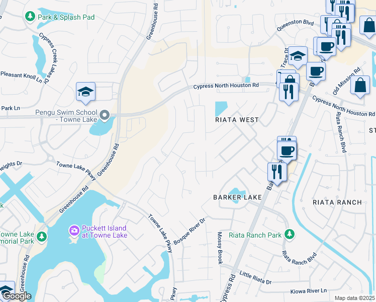 map of restaurants, bars, coffee shops, grocery stores, and more near 10915 Sunnydale Ridge Ln in Cypress