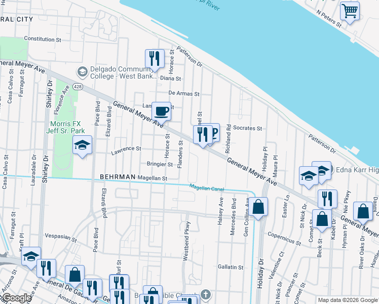 map of restaurants, bars, coffee shops, grocery stores, and more near 3530 East Homestead Drive in New Orleans