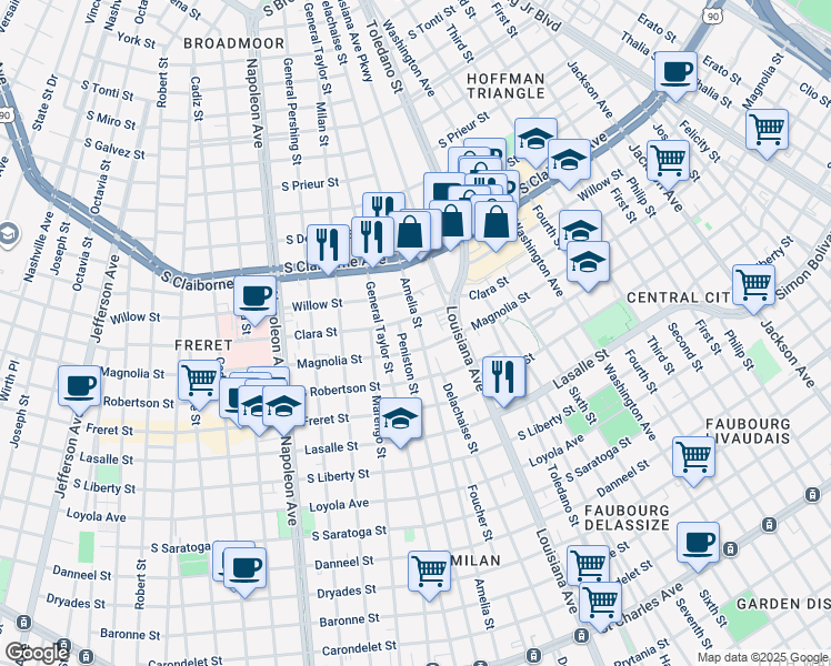 map of restaurants, bars, coffee shops, grocery stores, and more near 2726 Amelia Street in New Orleans