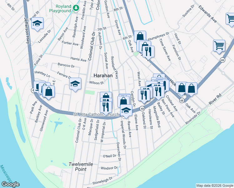 map of restaurants, bars, coffee shops, grocery stores, and more near 333 Roseland Parkway in Harahan