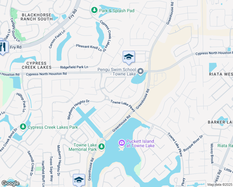 map of restaurants, bars, coffee shops, grocery stores, and more near 11215 Puckett River Drive in Cypress
