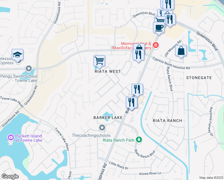 map of restaurants, bars, coffee shops, grocery stores, and more near 10922 Woodwind Shadows Drive in Cypress