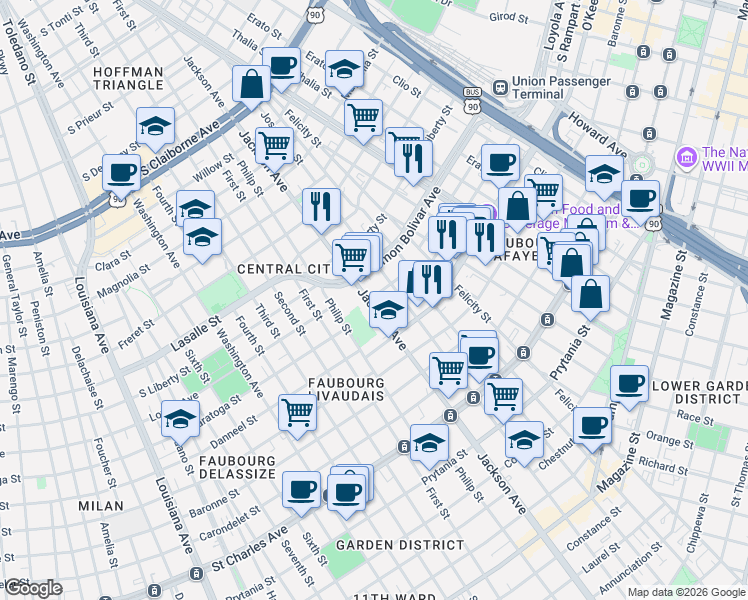 map of restaurants, bars, coffee shops, grocery stores, and more near 2035 Jackson Avenue in New Orleans