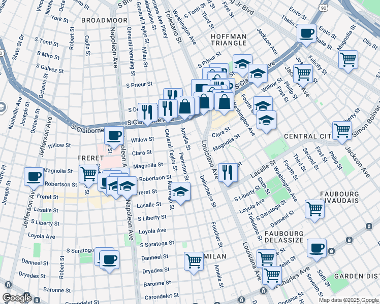 map of restaurants, bars, coffee shops, grocery stores, and more near 2727 Amelia Street in New Orleans