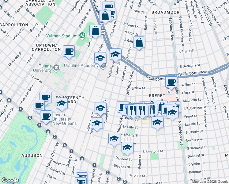 map of restaurants, bars, coffee shops, grocery stores, and more near 2509 Joseph Street in New Orleans