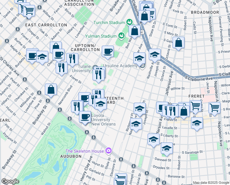 map of restaurants, bars, coffee shops, grocery stores, and more near 2224 Palmer Avenue in New Orleans