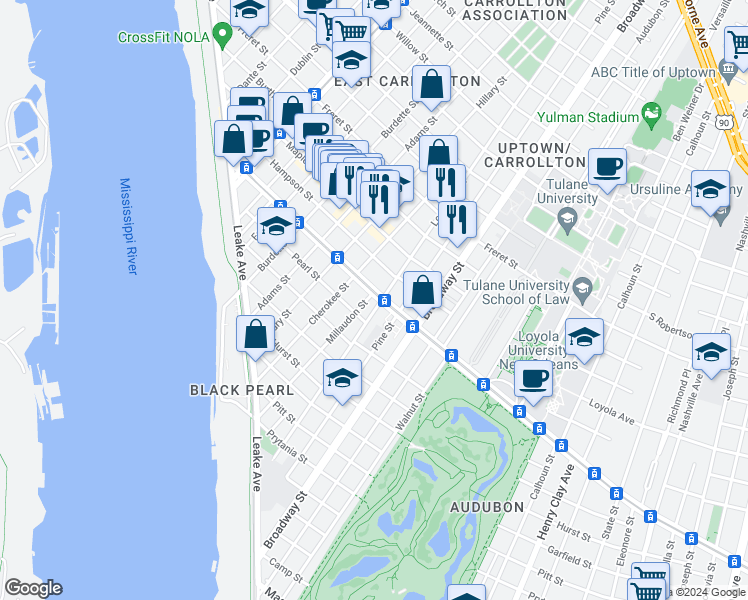 map of restaurants, bars, coffee shops, grocery stores, and more near 7444 Saint Charles Avenue in New Orleans