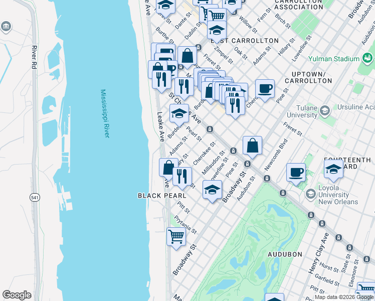 map of restaurants, bars, coffee shops, grocery stores, and more near 336 Hillary Street in New Orleans