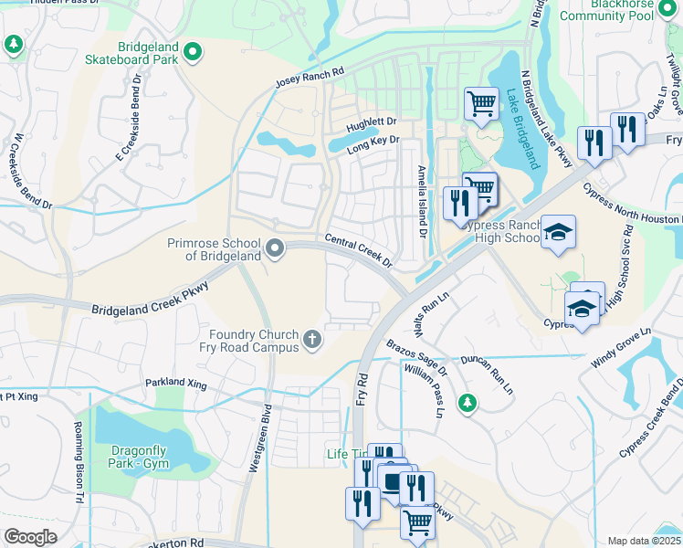 map of restaurants, bars, coffee shops, grocery stores, and more near 18422 Central Creek Drive in Cypress
