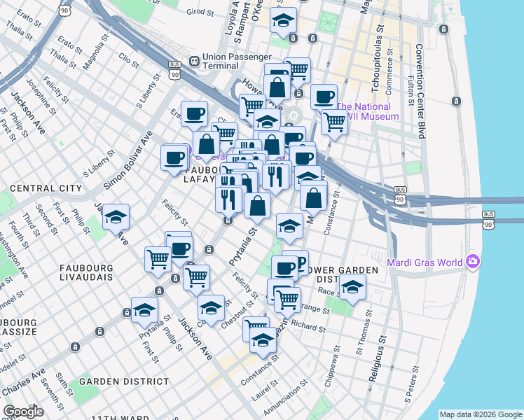 map of restaurants, bars, coffee shops, grocery stores, and more near in New Orleans