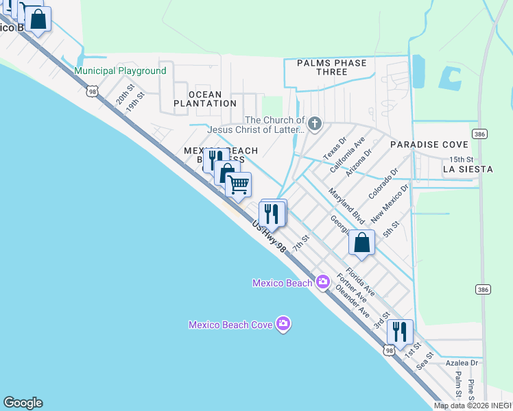 map of restaurants, bars, coffee shops, grocery stores, and more near 814 U.S. 98 in Mexico Beach