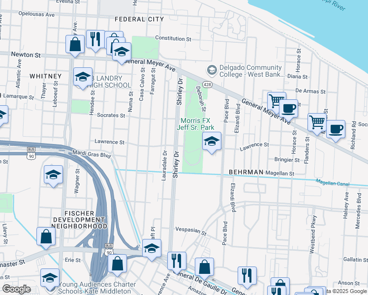 map of restaurants, bars, coffee shops, grocery stores, and more near 2701 Lawrence Street in New Orleans