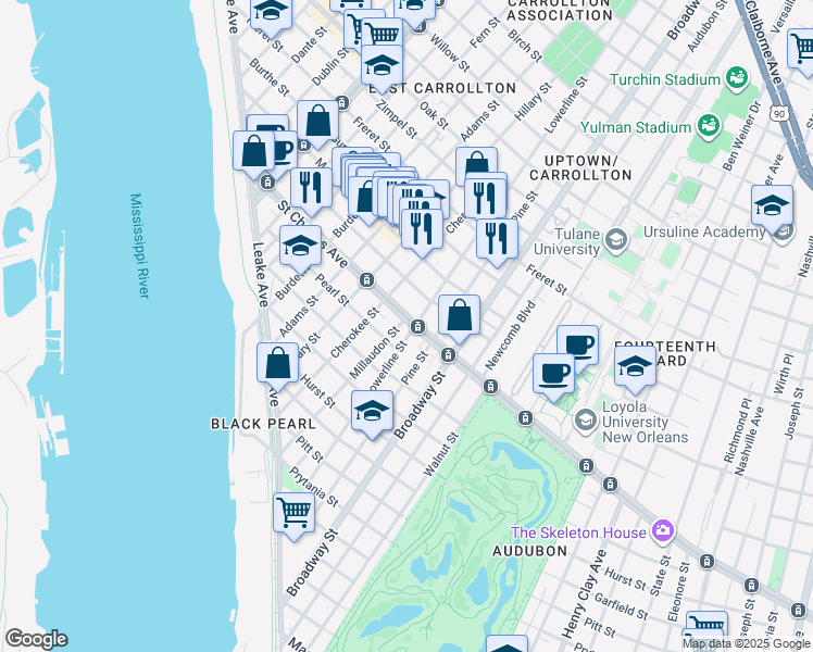 map of restaurants, bars, coffee shops, grocery stores, and more near 7444 Saint Charles Avenue in New Orleans