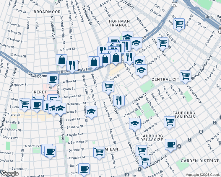 map of restaurants, bars, coffee shops, grocery stores, and more near 3328 Magnolia Street in New Orleans