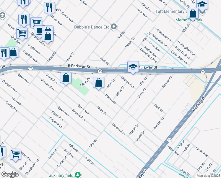 map of restaurants, bars, coffee shops, grocery stores, and more near 6132 Mire Street in Groves