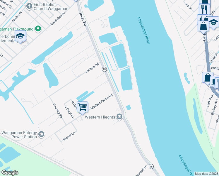 map of restaurants, bars, coffee shops, grocery stores, and more near 7813 River Road in Westwego