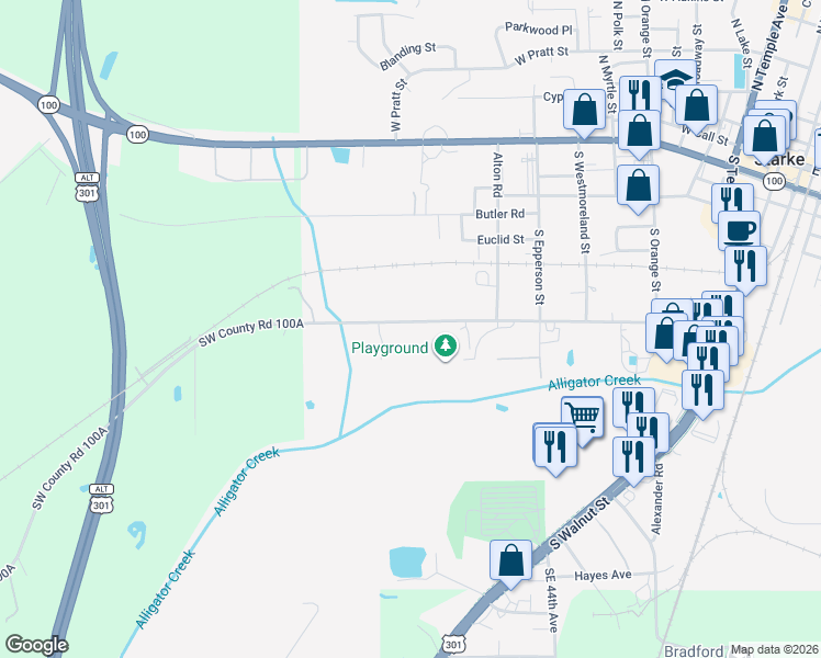 map of restaurants, bars, coffee shops, grocery stores, and more near 1226 Edwards Road in Starke