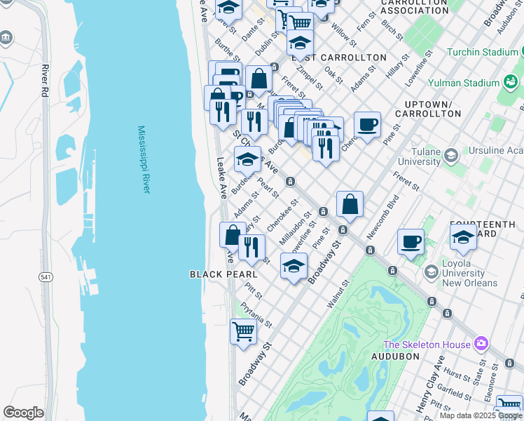 map of restaurants, bars, coffee shops, grocery stores, and more near 336 Hillary Street in New Orleans