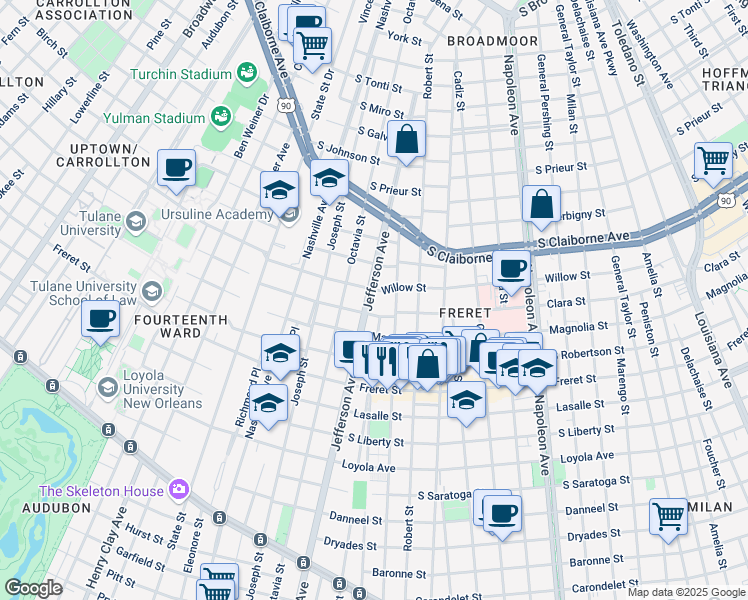 map of restaurants, bars, coffee shops, grocery stores, and more near 2624 Soniat Street in New Orleans
