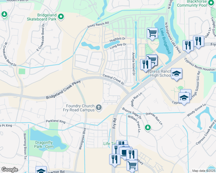 map of restaurants, bars, coffee shops, grocery stores, and more near 18422 Central Creek Drive in Cypress