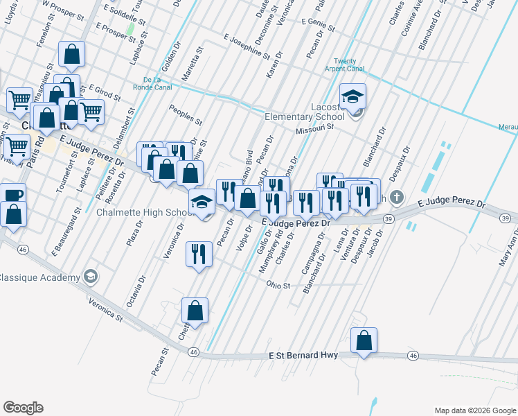 map of restaurants, bars, coffee shops, grocery stores, and more near 2608 Volpe Drive in Chalmette