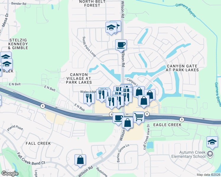 map of restaurants, bars, coffee shops, grocery stores, and more near 9518 Water Edge Point Lane in Humble