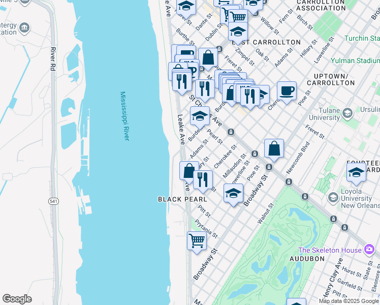 map of restaurants, bars, coffee shops, grocery stores, and more near 7710 Benjamin Street in New Orleans