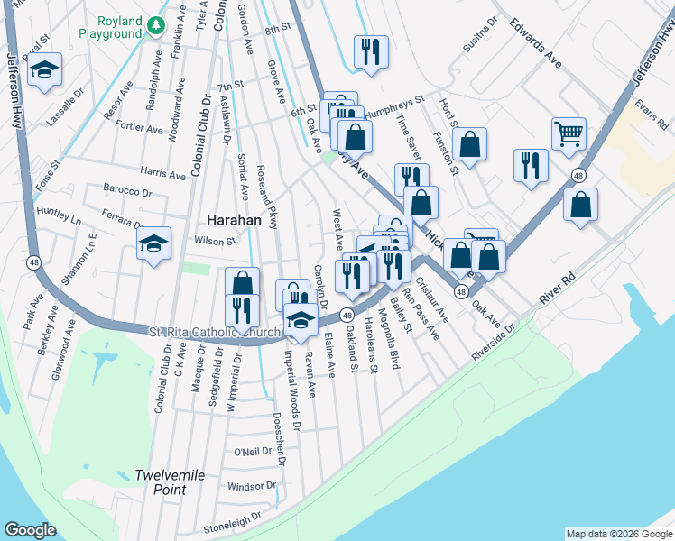 map of restaurants, bars, coffee shops, grocery stores, and more near 280 West Avenue in Harahan