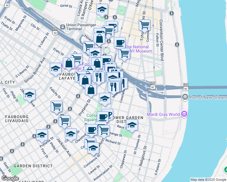 map of restaurants, bars, coffee shops, grocery stores, and more near 1127 Thalia Street in New Orleans