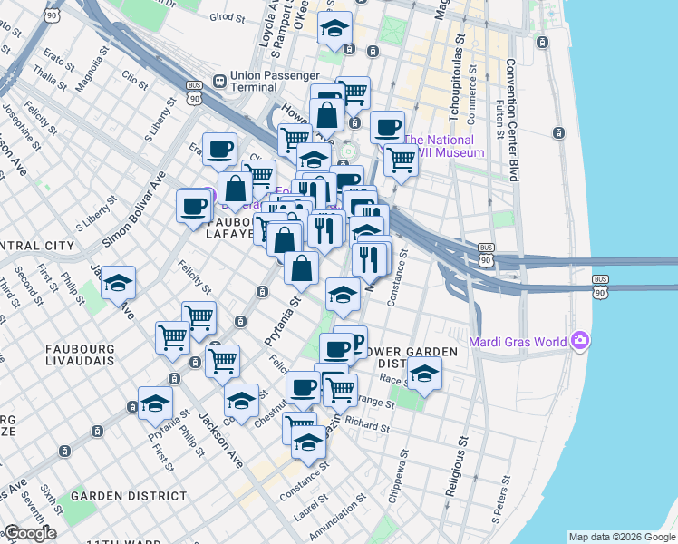 map of restaurants, bars, coffee shops, grocery stores, and more near 2874 Prytania Street in New Orleans