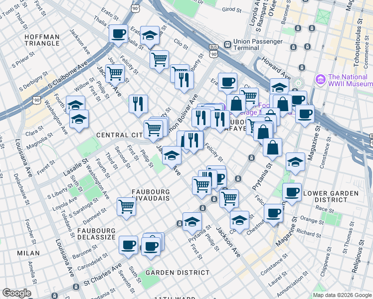 map of restaurants, bars, coffee shops, grocery stores, and more near 2001 Josephine Street in New Orleans