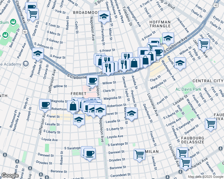 map of restaurants, bars, coffee shops, grocery stores, and more near 2805 General Pershing Street in New Orleans