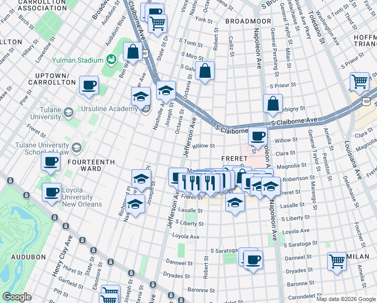 map of restaurants, bars, coffee shops, grocery stores, and more near 2624 Soniat Street in New Orleans