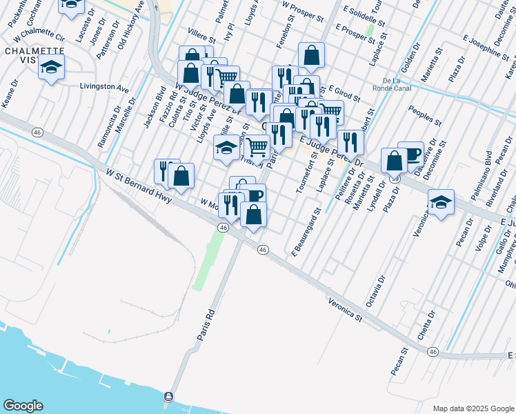 map of restaurants, bars, coffee shops, grocery stores, and more near 2125 Paris Road in Chalmette