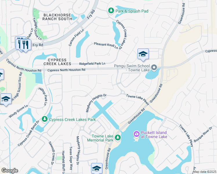 map of restaurants, bars, coffee shops, grocery stores, and more near 19426 White Rock Landing Court in Cypress