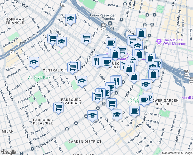map of restaurants, bars, coffee shops, grocery stores, and more near 1820 Oretha Castle Haley Boulevard in New Orleans